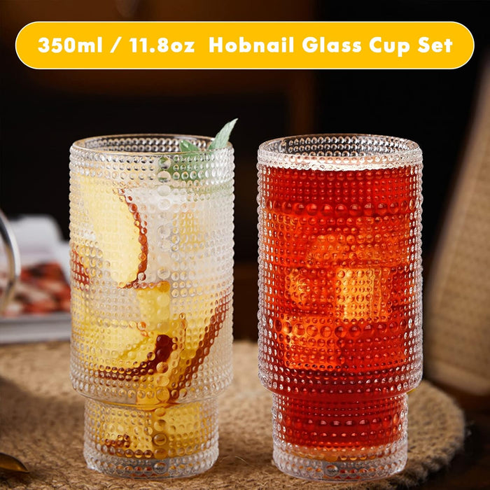 4 Stück Cocktail Gläser Mit Glas Strohhalm 350Ml/11.8Oz Longdrinkgläser Für Cocktails, Whisky, Bier,Eiskaffee, Soda, Säfte (Hobnail)