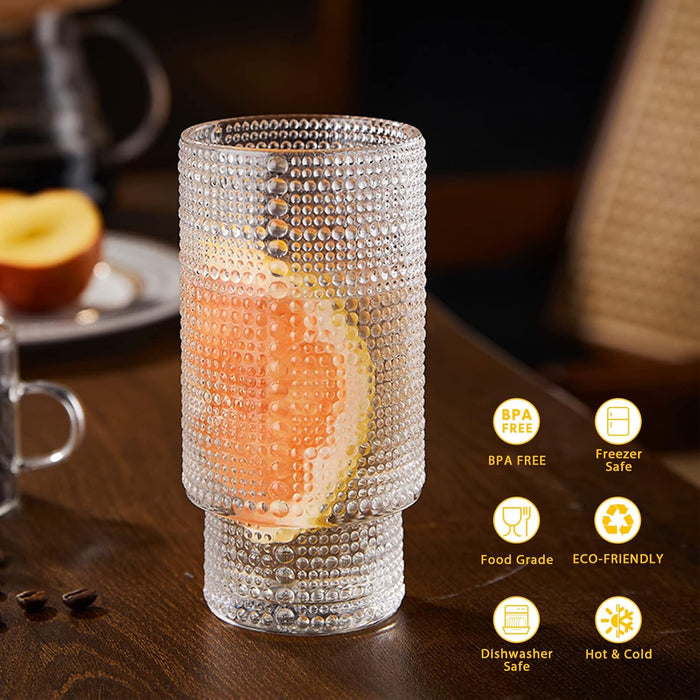 4 Stück Cocktail Gläser Mit Glas Strohhalm 350Ml/11.8Oz Longdrinkgläser Für Cocktails, Whisky, Bier,Eiskaffee, Soda, Säfte (Hobnail)