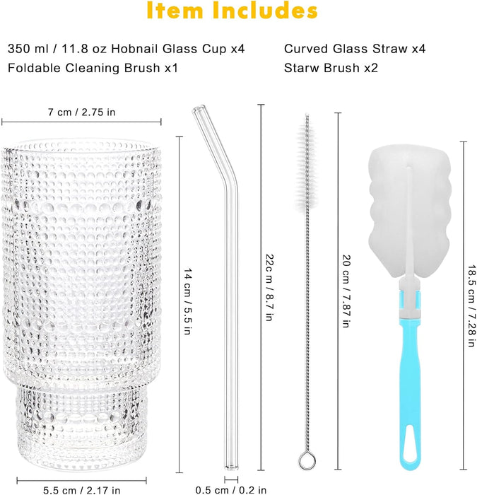 4 Stück Cocktail Gläser Mit Glas Strohhalm 350Ml/11.8Oz Longdrinkgläser Für Cocktails, Whisky, Bier,Eiskaffee, Soda, Säfte (Hobnail)