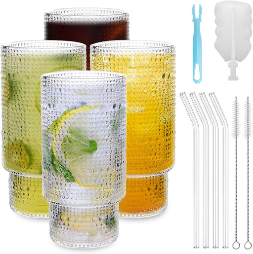 4 Stück Cocktail Gläser Mit Glas Strohhalm 350Ml/11.8Oz Longdrinkgläser Für Cocktails, Whisky, Bier,Eiskaffee, Soda, Säfte (Hobnail)